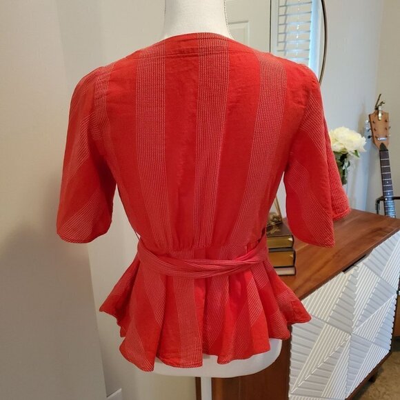 Loft XS True Wrap Striped Top‎ Red V-neck Short Sleeves - Picture 3 of 8